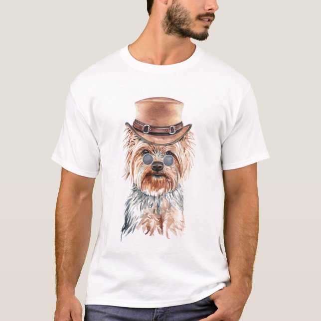 Cute Watercolor Steampunk Yorkshire Terrier T Shirt (Framsida)