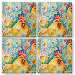 Cute Watercolor Stil Chickens Kakelplatta