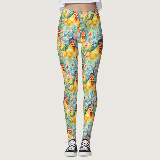 Cute Watercolor Stil Chickens Leggings (Framsida)