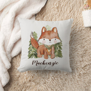 Cute Watercolor Stil Fox och Träd Text Namn Kudde