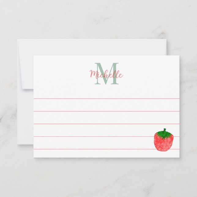 Cute Watercolor Strawberry Custom Lined Monogram Anteckningskort (Framsida)