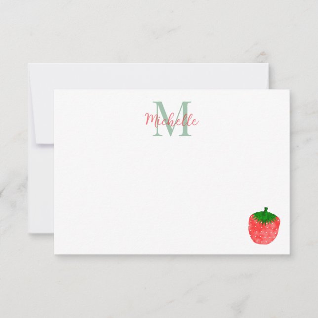 Cute Watercolor Strawberry Custom Monogram Anteckningskort (Framsida)