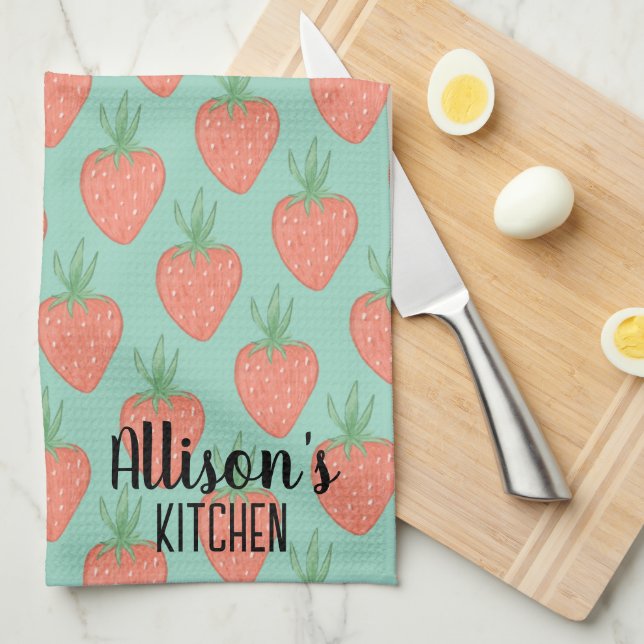 🍓 Cute Watercolor Strawberry Mönster Kökshandduk (Vikt i Fjärdedel)