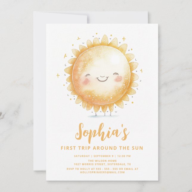 Cute Watercolor Sunshine Girl 1st Birthday Inbjudningar (Framsida)