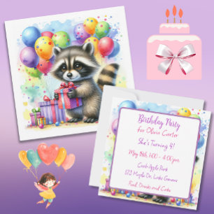 Cute Watercolor Tecknad Raccoon Birthday Inbjudningar