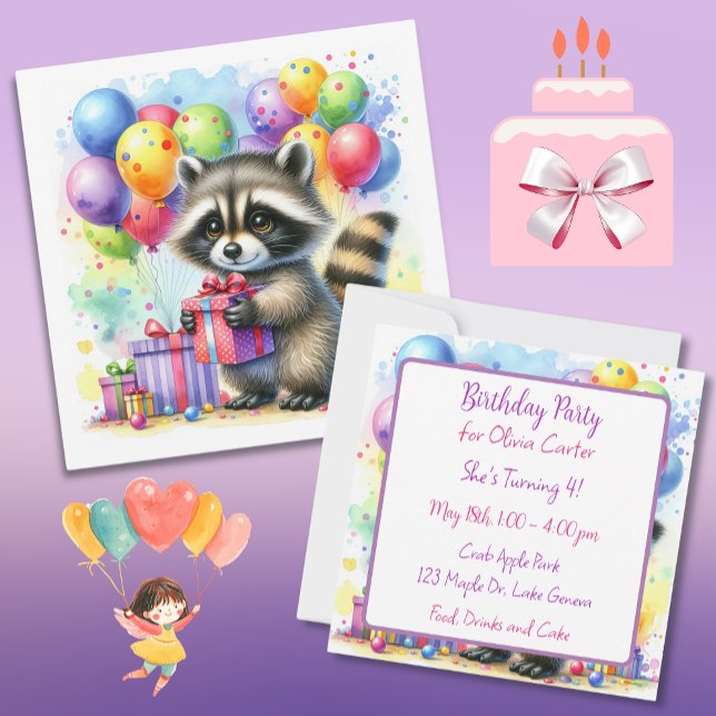 Cute Watercolor Tecknad Raccoon Birthday Inbjudningar (Skapare uppladdad)