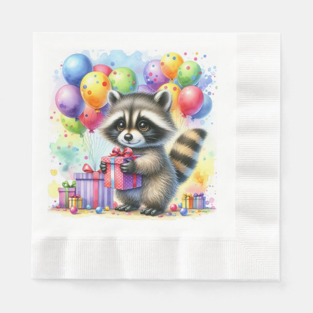 Cute Watercolor Tecknad Raccoon Birthday Pappersservett (Framsidan)