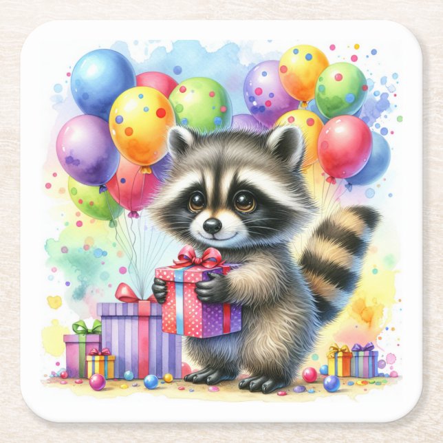 Cute Watercolor Tecknad Raccoon Birthday Underlägg Papper Kvadrat (Framsidan)