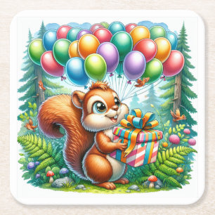 Cute Watercolor Tecknad Squirrel Birthday Underlägg Papper Kvadrat