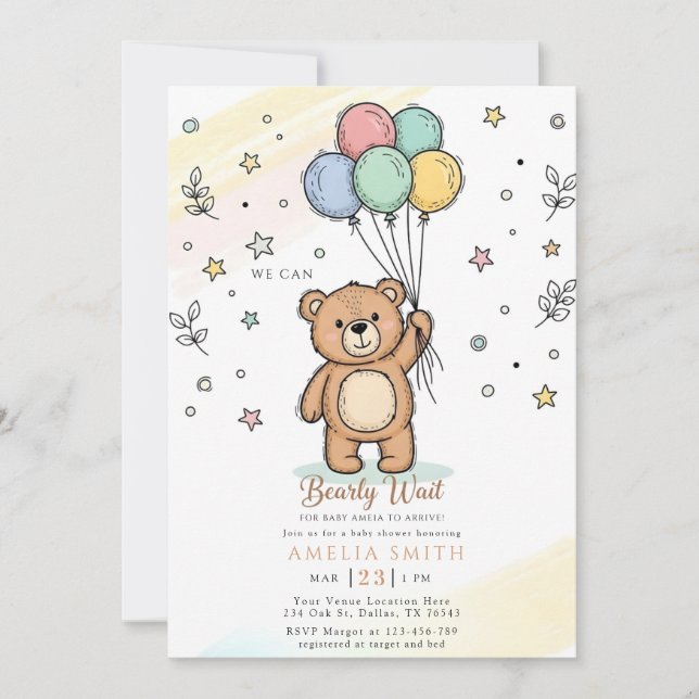 Cute Watercolor Teddy bear Illustration babyshower Inbjudningar (Framsida)