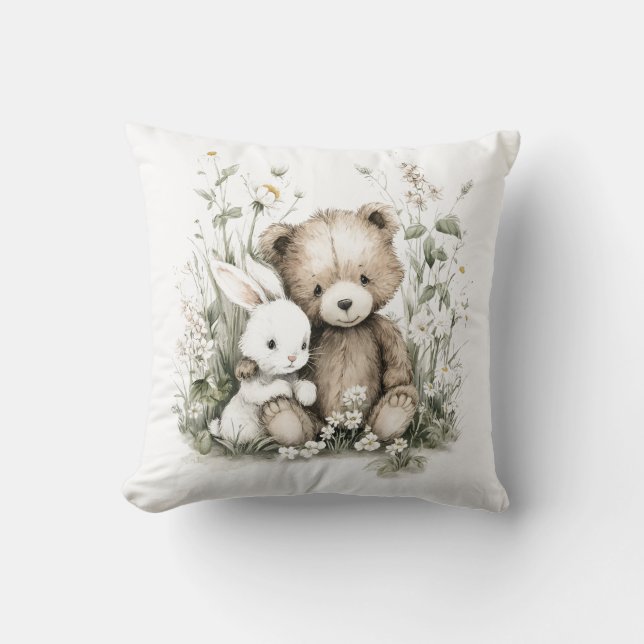 Cute Watercolor Teddy Bear with Rabbit Kudde (Framsida)