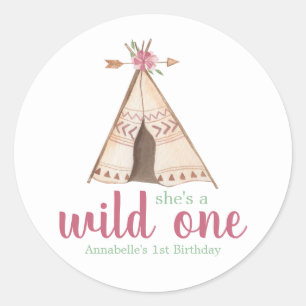 Cute Watercolor Teepee Boho 1:a födelsedagen Runt Klistermärke