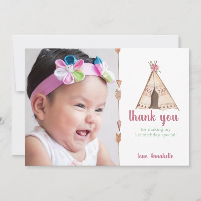 Cute Watercolor Teepee Camping Birthday Tack Kort (Framsida)