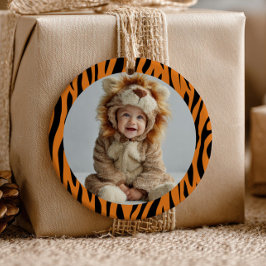 Cute Watercolor Tiger Stripe Pattern Baby Photo Julgransprydnad Keramik