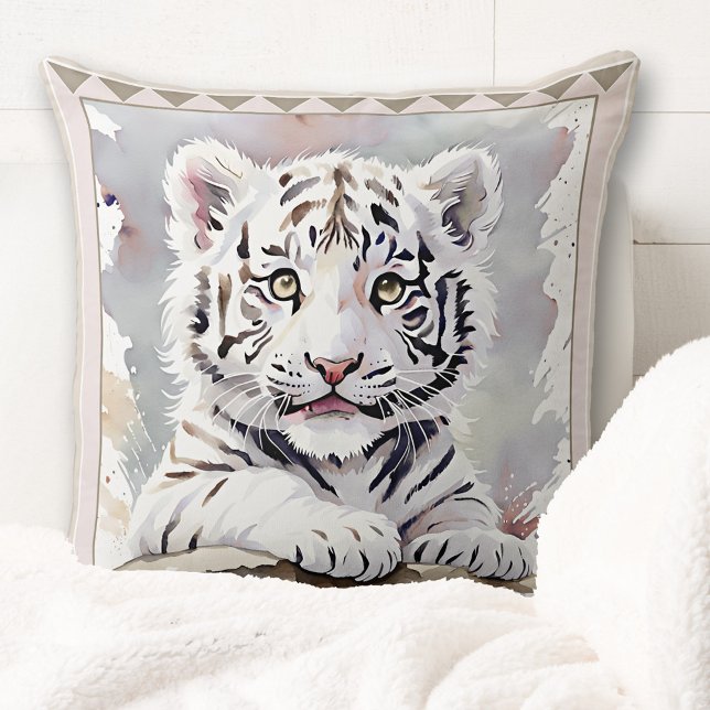 Cute Watercolor Tiger Unge Animal Art Art Kudde (Cute pillow showing a watercolor painting of a tiger cub. Great for a nursery or a toddler's bedroom)