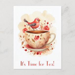 Cute Watercolor Time for Tea Bird Blommigt Vykort
