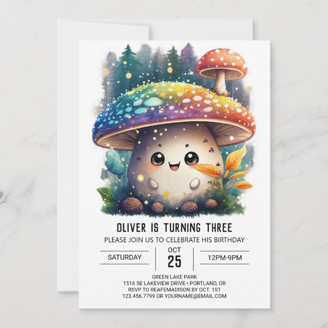 Cute Watercolor Toadstool Birthday-inbjudan Inbjudningar (Framsida)