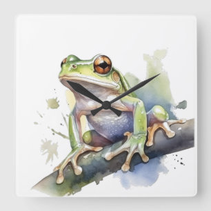 Cute Watercolor Träd Frog Fyrkantig Klocka