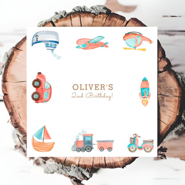 Cute Watercolor Transport Boy Födelsedagsfest Pappersservett (Skapare uppladdad)