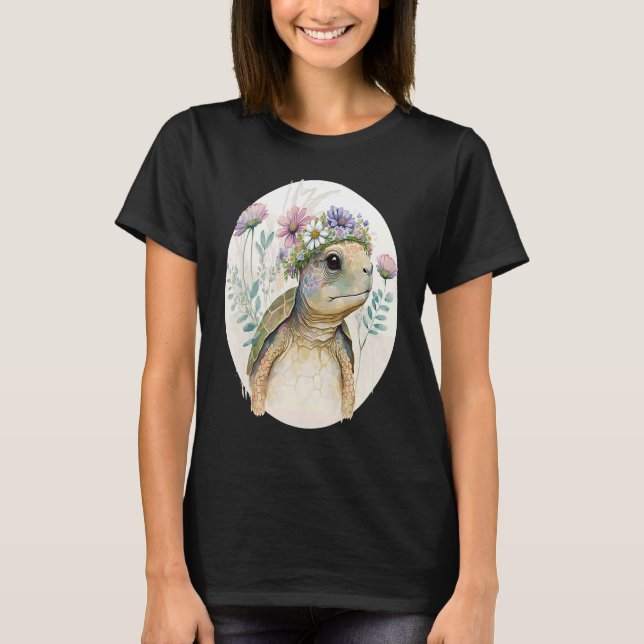 Cute Watercolor Turtle Flower Crown Sea Animal T Shirt (Framsida)