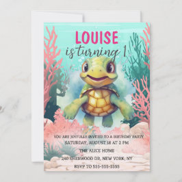 Cute Watercolor Turtle under Sea Birthday Inbjudningar