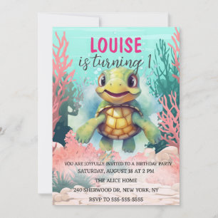 Cute Watercolor Turtle under Sea Birthday Inbjudningar