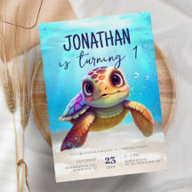 Cute Watercolor Turtle under Sea Birthday
