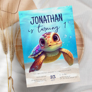 Cute Watercolor Turtle under Sea Birthday Inbjudningar