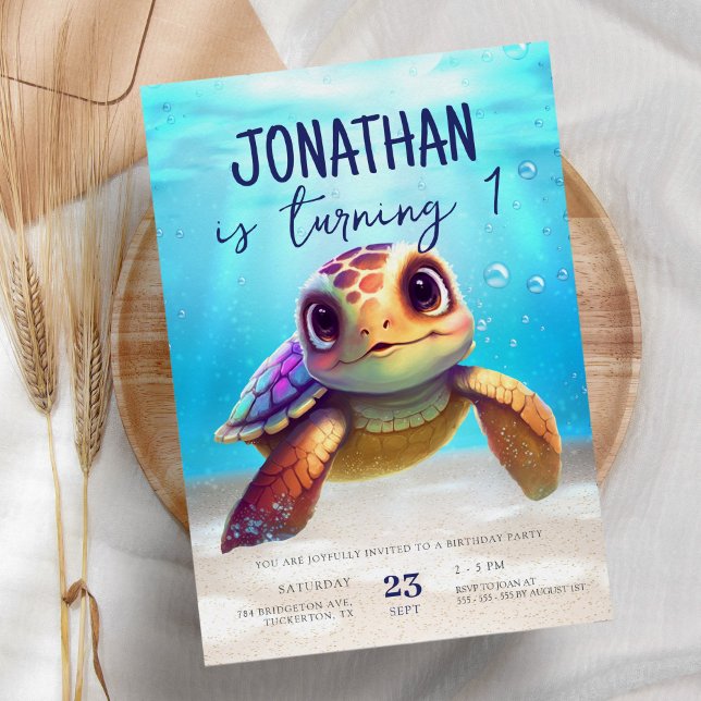 Cute Watercolor Turtle under Sea Birthday Inbjudningar (Skapare uppladdad)