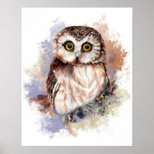 Cute Watercolor Uggla Bird Nature Art Poster