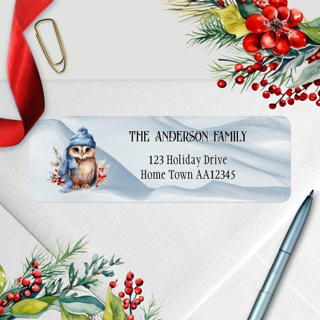 Cute Watercolor Uggla, julreturadressetikett Returadress Etikett (Christmas return address label featuring a cute watercolor owl in a winter snow scene)