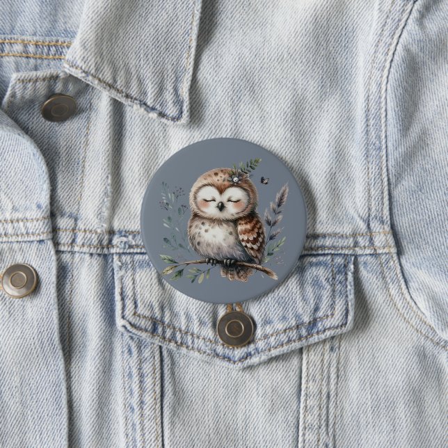 Cute Watercolor Uggla med Blommigt Woodland Stil Knapp (In Situ)