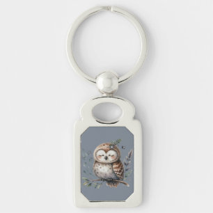Cute Watercolor Uggla med Blommigt Woodland Stil Rektangulärt Silverfärgad Nyckelring