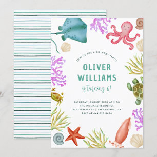 Cute Watercolor under Sea Oceanien Barns födelseda Inbjudningar