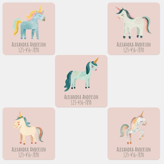 Cute Watercolor Unicorn Pink Girl Name Klistermärke (Grupp)