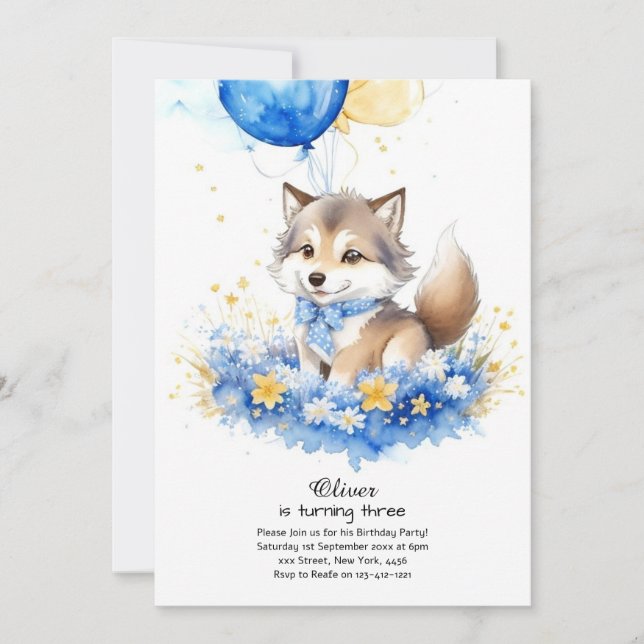 Cute Watercolor Varg Valp Birthday-inbjudan Inbjudningar (Framsida)