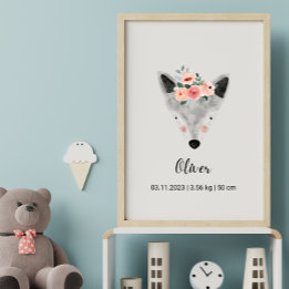 Cute Watercolor Varg w/Flowers | Boho Nursery Post Poster