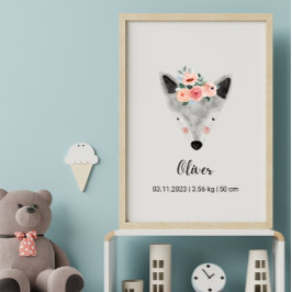 Cute Watercolor Varg w/Flowers | Boho Nursery Post Poster