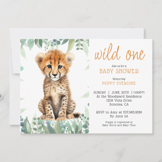 Cute Watercolor Vild One Cheetah Baby Shower Inbjudningar (Framsida)