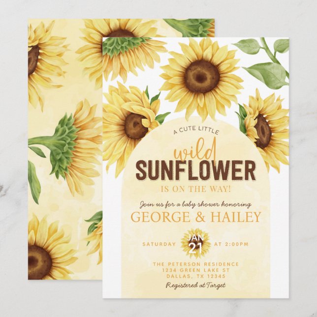 Cute Watercolor Vild Solblomma Baby Shower Inbjudningar (Fram/baksida)