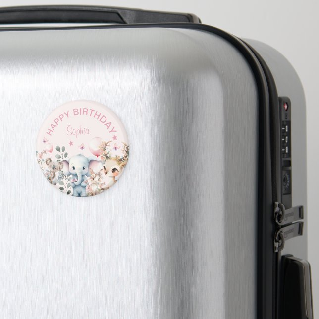 Cute Watercolor Vilda djur Rosa Girl Birthday Magnet (In Situ (Luggage))