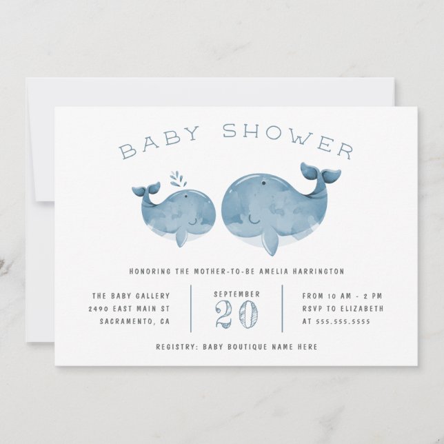 Cute Watercolor Whale Boy's Blue Baby Shower Inbjudningar (Framsida)