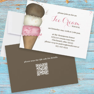 Cute Watercolor Whimsical Ice Cream Social QR-kod Inbjudningar