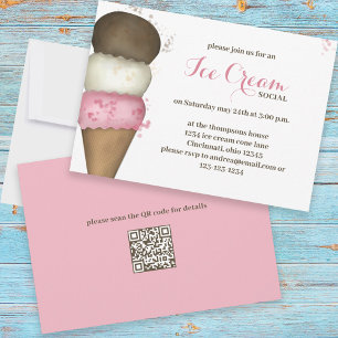 Cute Watercolor Whimsical Ice Cream Social QR-kod Inbjudningar
