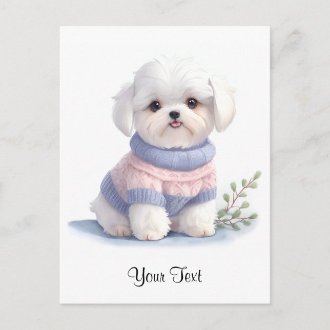 Cute Watercolor White Maltese Puppy Hund Personize Vykort (Framsida)