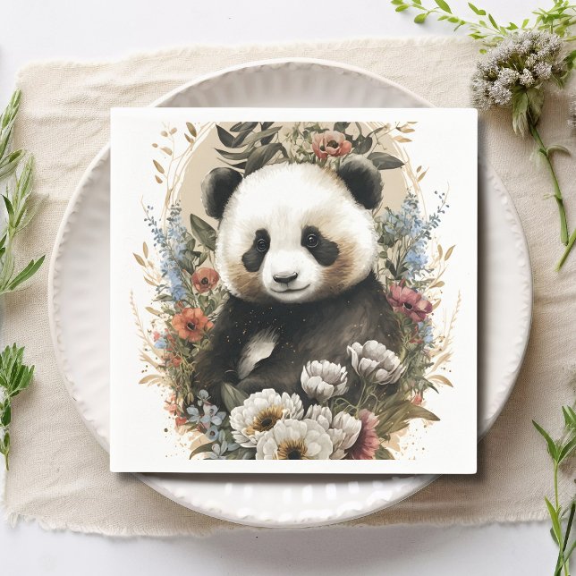 Cute Watercolor WildblommPanda Bear Birthday Pappersservett (Skapare uppladdad)