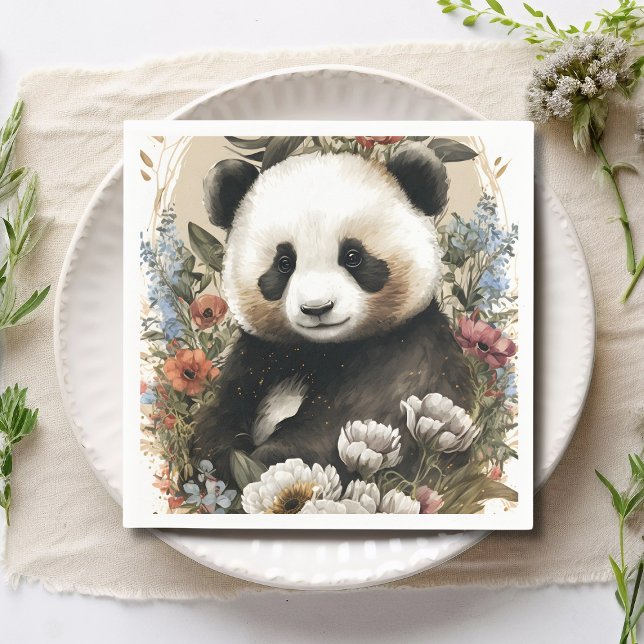 Cute Watercolor WildblommPanda Bear Birthday Pappersservett (Skapare uppladdad)