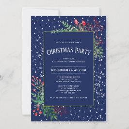 Cute Watercolor Winter Greenery Blue jul Inbjudningar