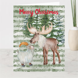 Cute Watercolor Winter Moose and Goat Helgdag Card Kort