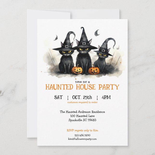 Cute Watercolor Witchy Cats Pumpkins Halloween Inbjudningar (Framsida)